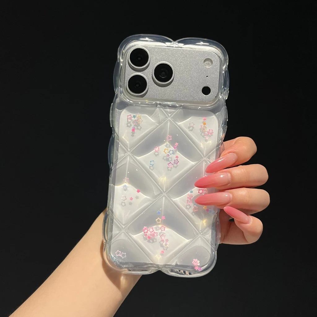 Transparent Drop Glue Colorful Stars 3D Diamond GridShockproof Protective Phoner Case for iPhone16 15 14 13 12 11 X 17 Pro Max