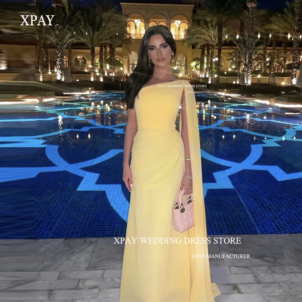 

XPAY Simple One Shoulder Chiffon A Line Prom Dresses Long Cape Sleeve Saudu Arabic Women Evening gowns Formal Party Dress Beach