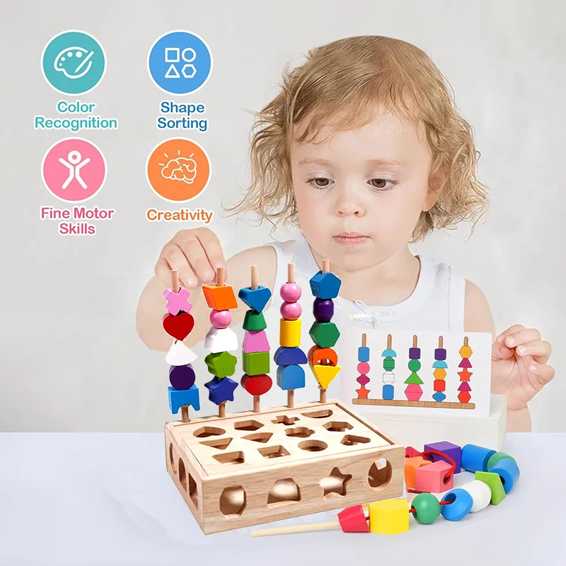 Montessori Wooden Toys Colorful Beaded Shape Matching Shape Stacker Puzzle Game Toys Children Color Educational Cognition Toys