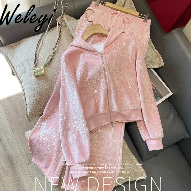 Pink Sequins Sports Pants Sets for Women 2024 Autumn New Elegant Woman Long Sleeve Zipper Hoodies Coat and Trousers 2 Pcs Suit