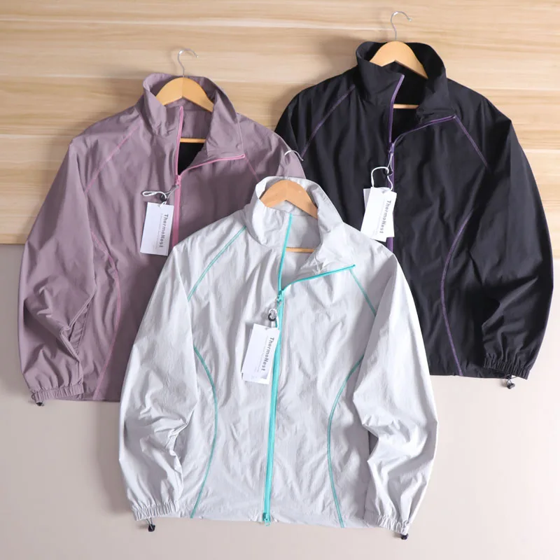 

Lightweight Contrast Color Stitching Outdoor Men's Jaet Thin Windproof Stand Collar Coat Trendy Polyester Fiber Long Sve...