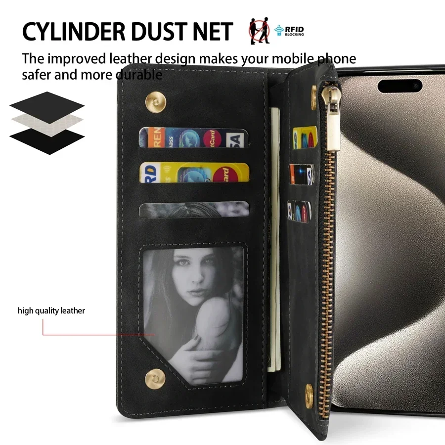 Wallet Multi-card Zipper Kickstand Magnetic Flip Leather Case For iPhone 16 Pro Max 15 Plus 14 13 Mini 12 11 SE 2 X XS XR 8 7 6s