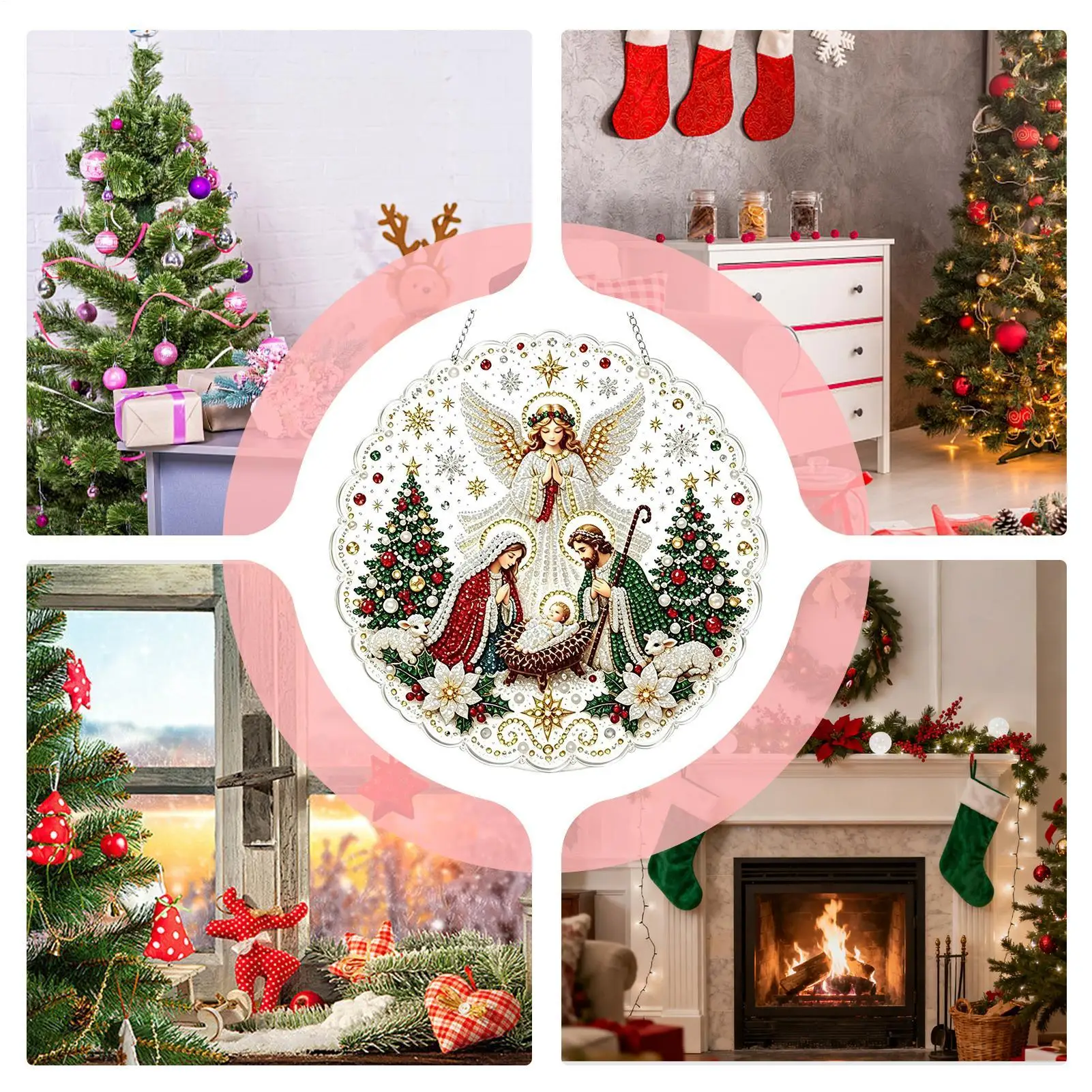 Christmas Sun Catcher Pearl Art Rhinestones Nativity Scene Decor Christmas Pearl Painting For Trees Window Holiday Crafts