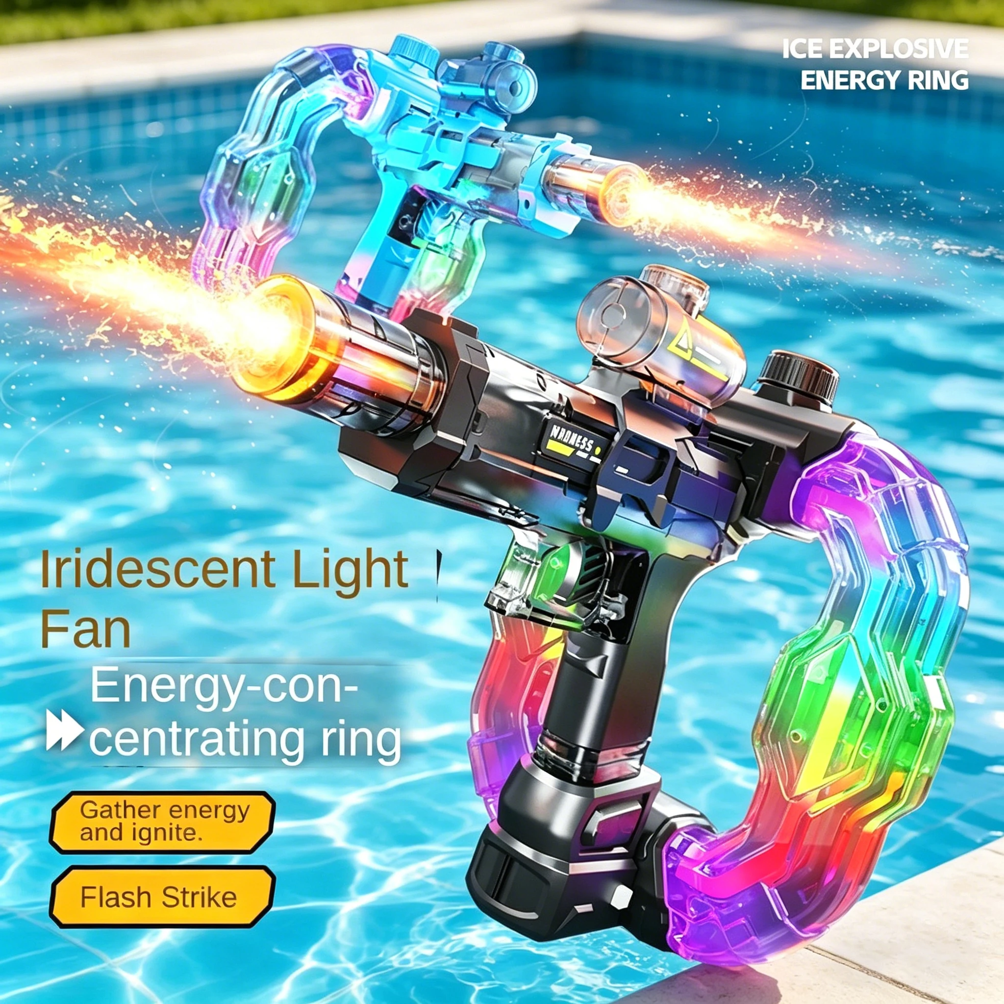Electric Water Gun Ice Rat with Energy Gathering Ring Sound Effect Colorful Light Continuous Firing Summer Pool Beach Game Toys