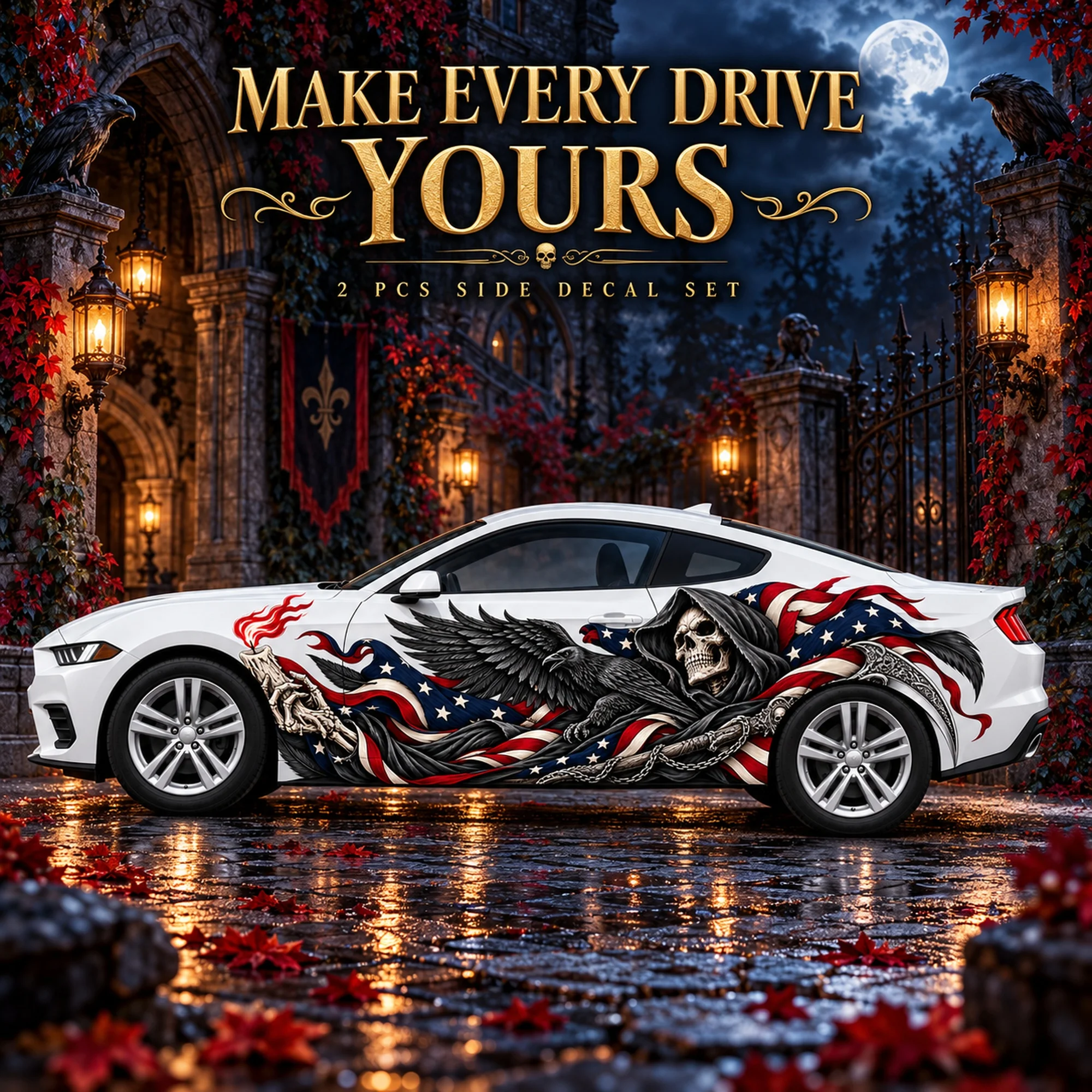 2 PCS American Flag Raven Reaper Flame Car Side Decals, Die-Cut Vinyl Sticker Set