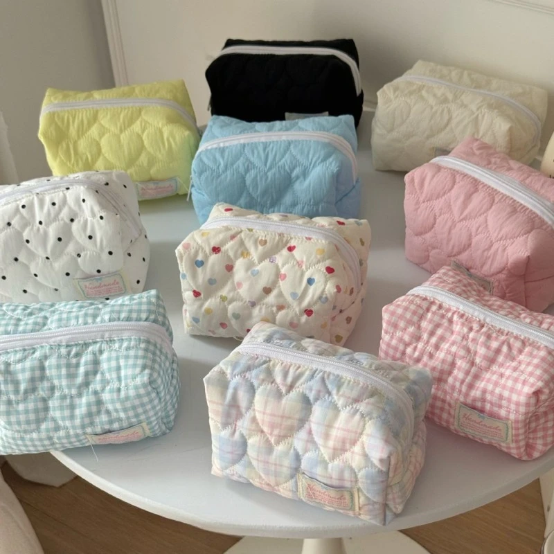 Kawaii QuiltedWomen Cosmetic Bag Large Capacity Travel Toiletry Bag Zipper Makeup Storage Bag Checkered Coin Purse