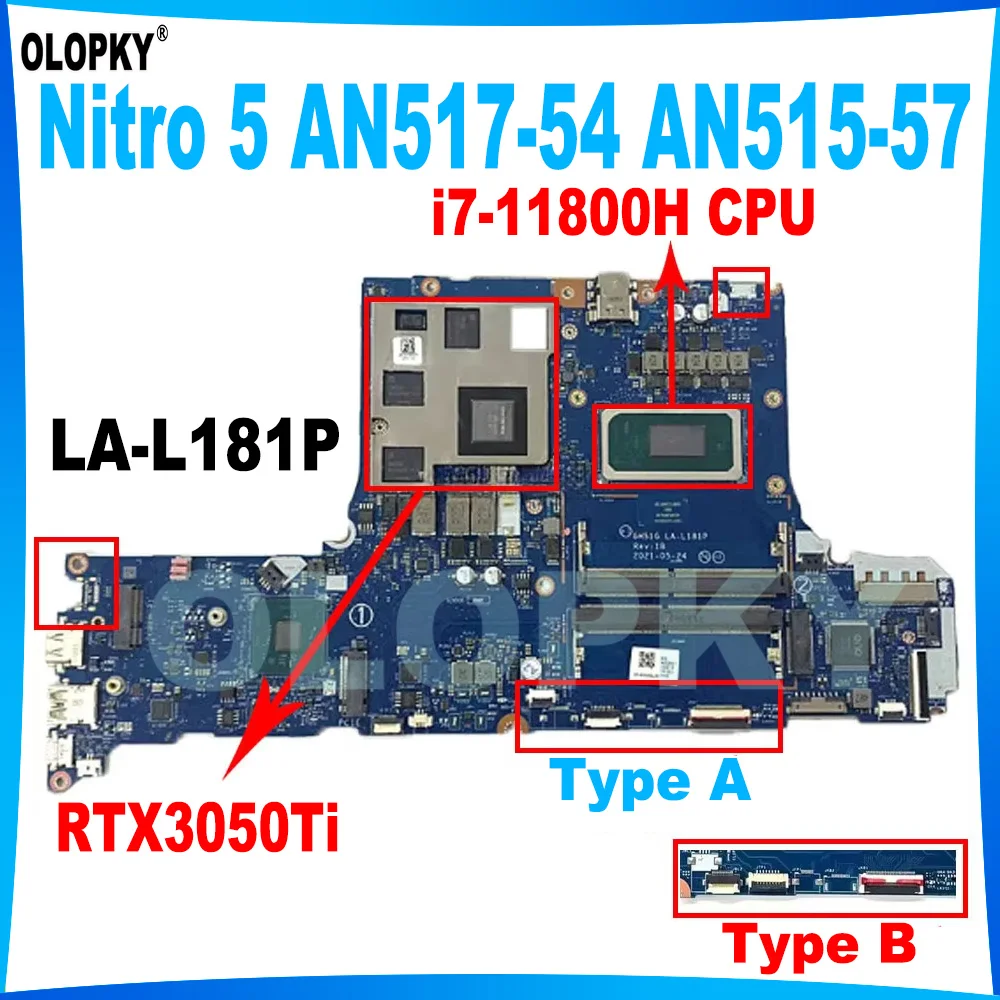 

GH51G LA-L181P Mainboard for Acer Nitro 5 AN517-54 AN515-57 laptop motherboard i7-11800H CPU RTX3050Ti 4G GPU Fully tested