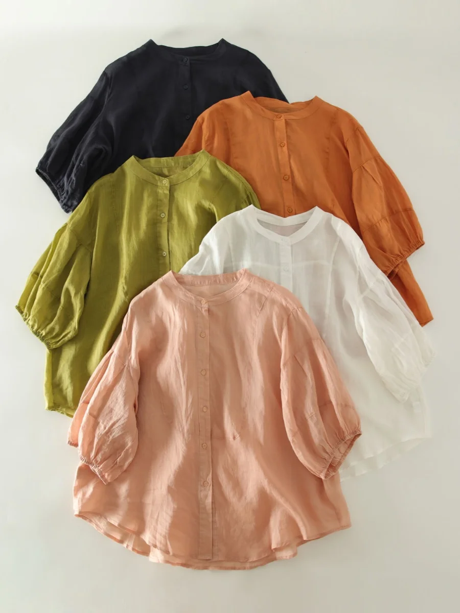 

Корейский топ из чистого льна Svelirt для женщин: легкий, свободный, с воротником-стойкой, стройнящий, однотонный, удобный для повседневной носки