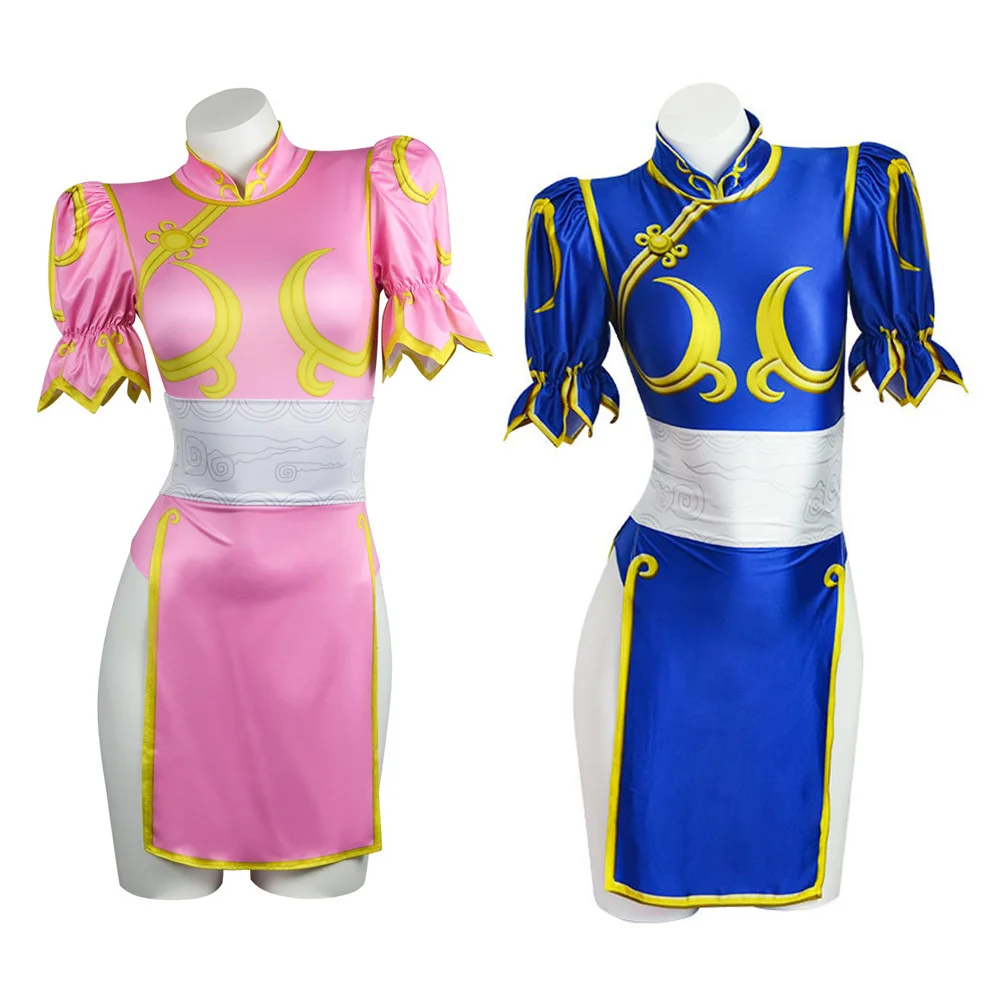 Street Fighter Chunli Cosplay Outfit Women Classic Blue Pink Qipao with Headpiece Sash Halloween Carnival Party Costume view 2