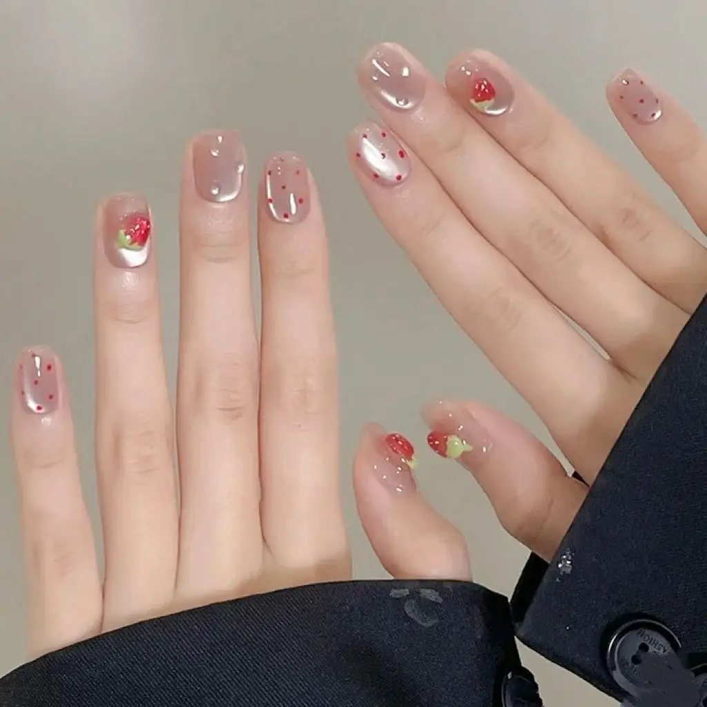 10 stuks kort vierkant Cat Eye handgemaakte pers op nagels aardbei nepnagels schattig draagbaar herbruikbaar volledige dekking meisjes valse nagel