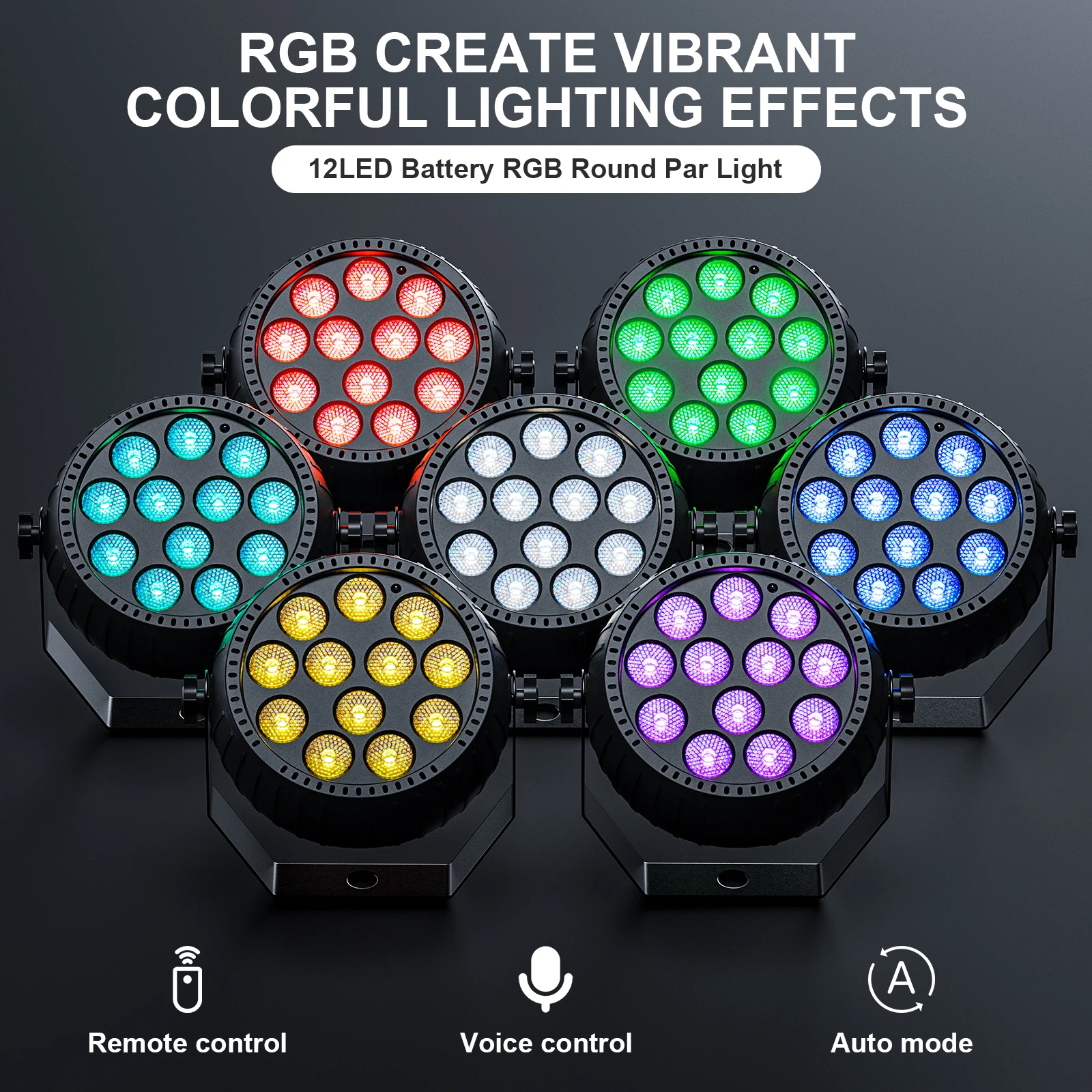 Fieryzeal 4PCS 12LED Mini RGB Wireless Rechargeable Par Light DMX512 Flat Round Par Light for DJ Disco Party Wedding Stage Light