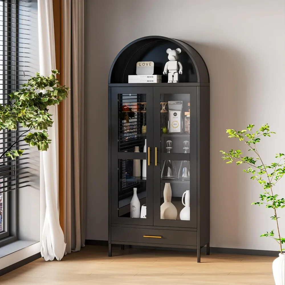 

73In Tall Metal Arched Cabinet, Arched Display Pantry Cabinet with Glass Door, Modern Farmhouse Bookcase