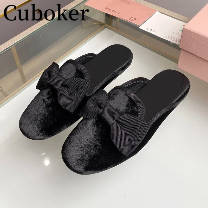 2024 Spring Velvet Flat Black Women\'s slippers Round Toe Bow tie Mules Women Slippers Casual Non slip Home Loafers for Women