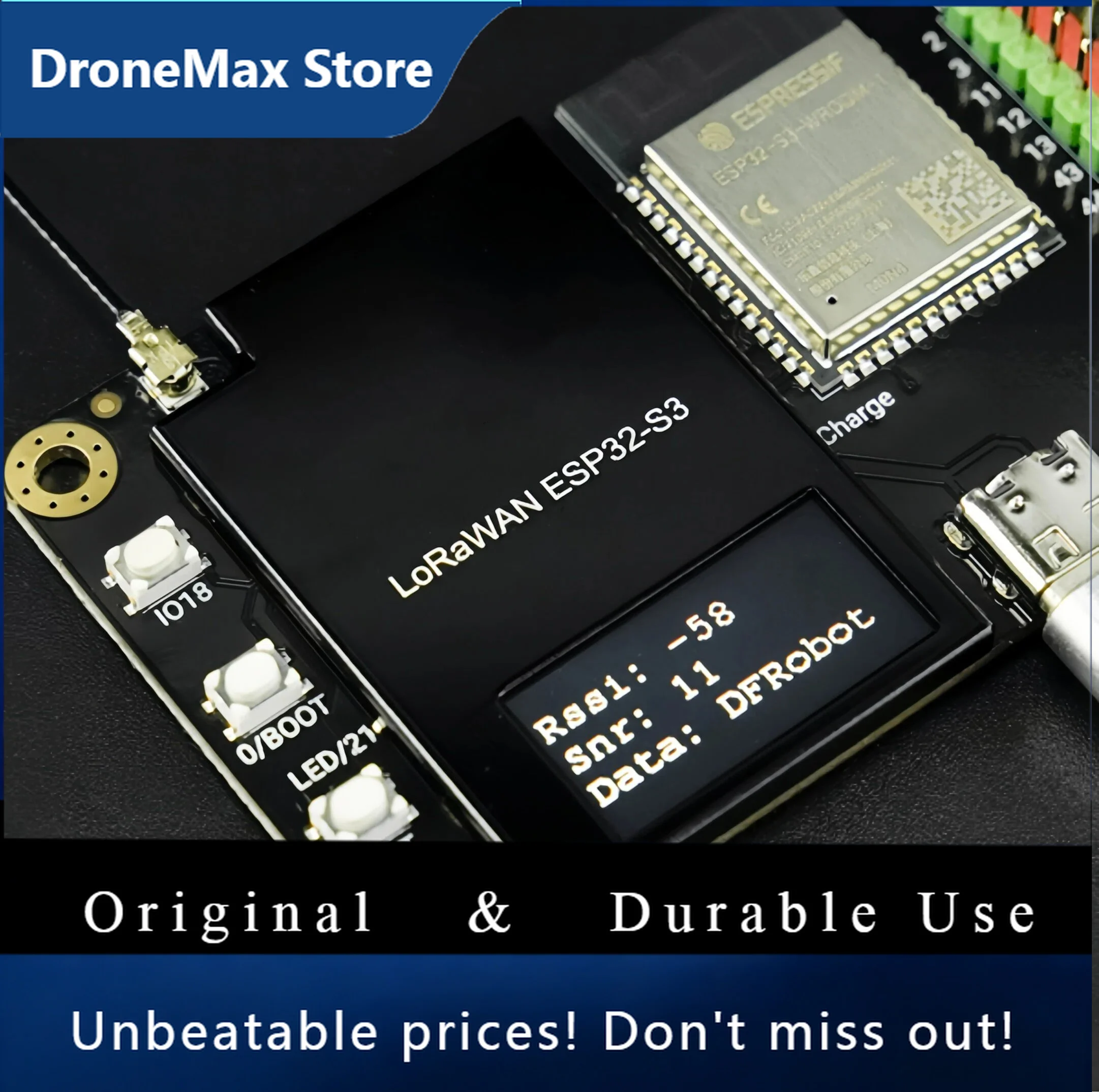 DroMaLoRaWAN ESP32-S3 Dev Board With 0.96 LCD, Meshtastic, HomeAssistant, I2C, Li‑ion Charger For IoT