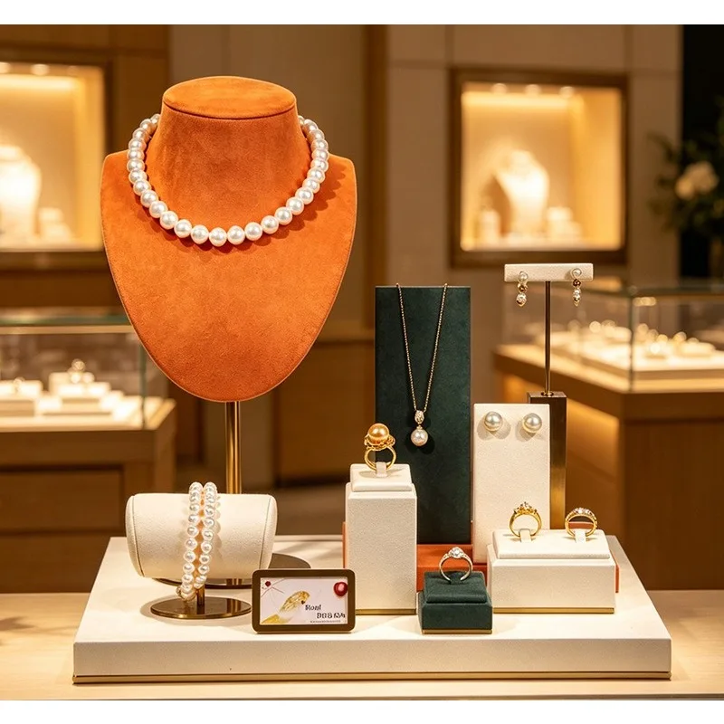 High-end jewelry window props, ring necklace bracelet display rack, beige high-end velvet live stream jewelry tray.