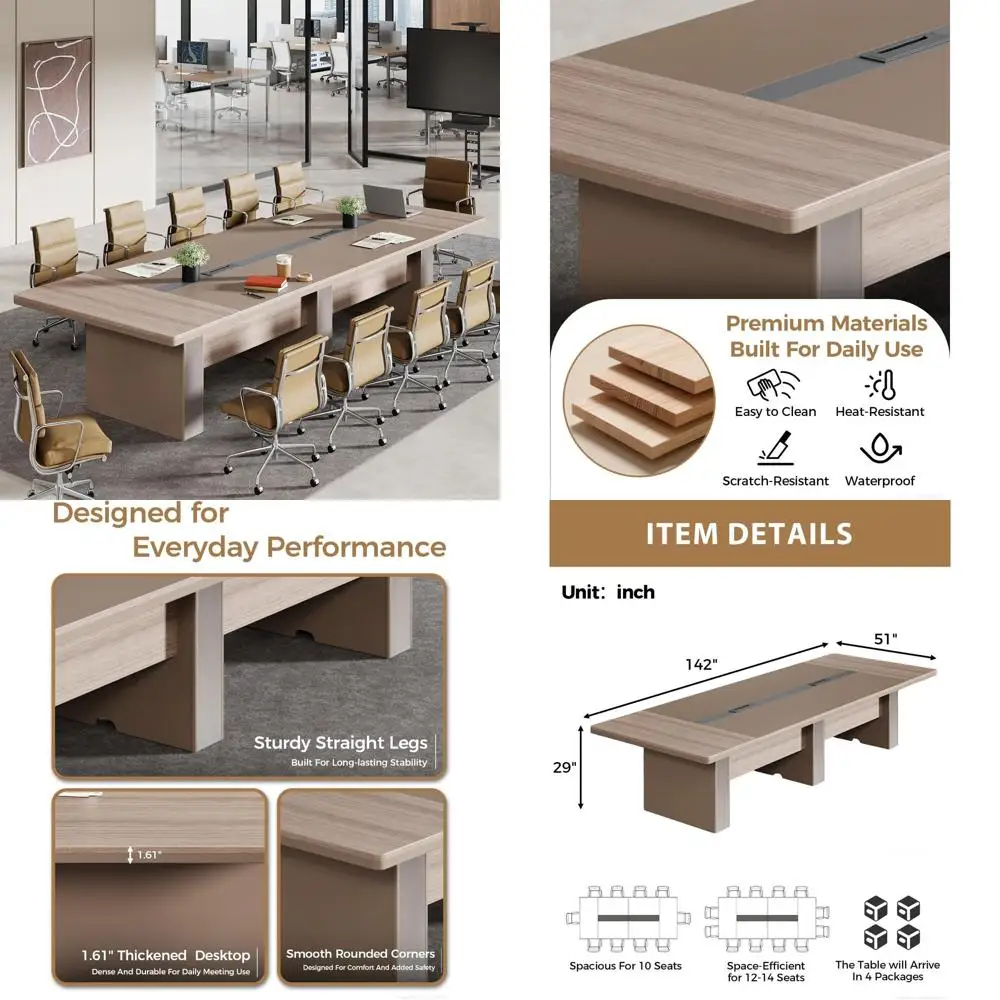 

Широкий стол для переговоров на 12-14 человек из светлого дуба и серого дерева с двойными кабельными втулками, столешница 142x51 см, утолщенная.