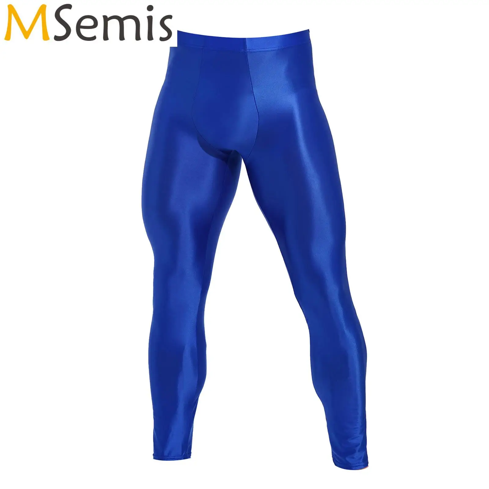 Men Elastic Waistband Skinny Shiny Yoga Tights Pants Solid Color Leggings Exercise Running Gym Fitness Training Sportswear