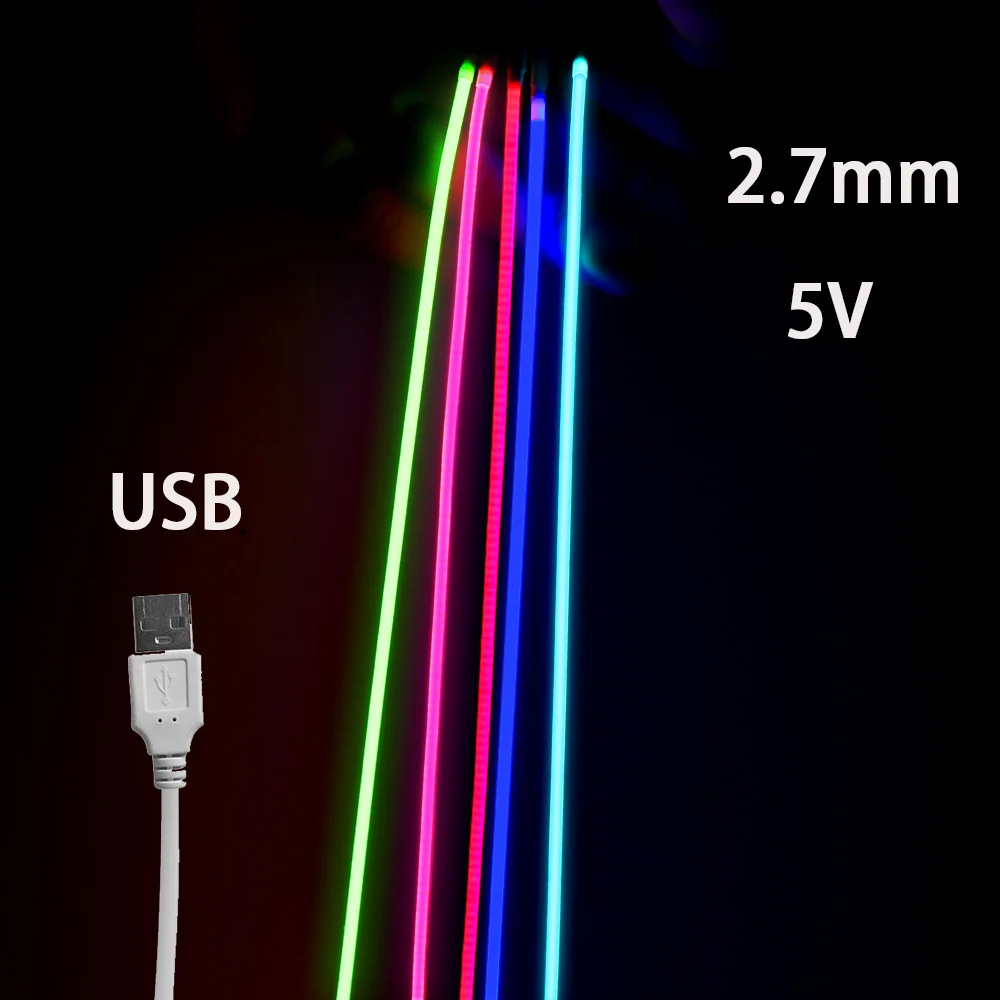 Tira de luces LED COB USB de 5V, 2,7mm, muy fino, Multicolor, 480LED, 1m, 2m, para ordenador, cinta de luces lineales para interiores, Flexible y conveniente