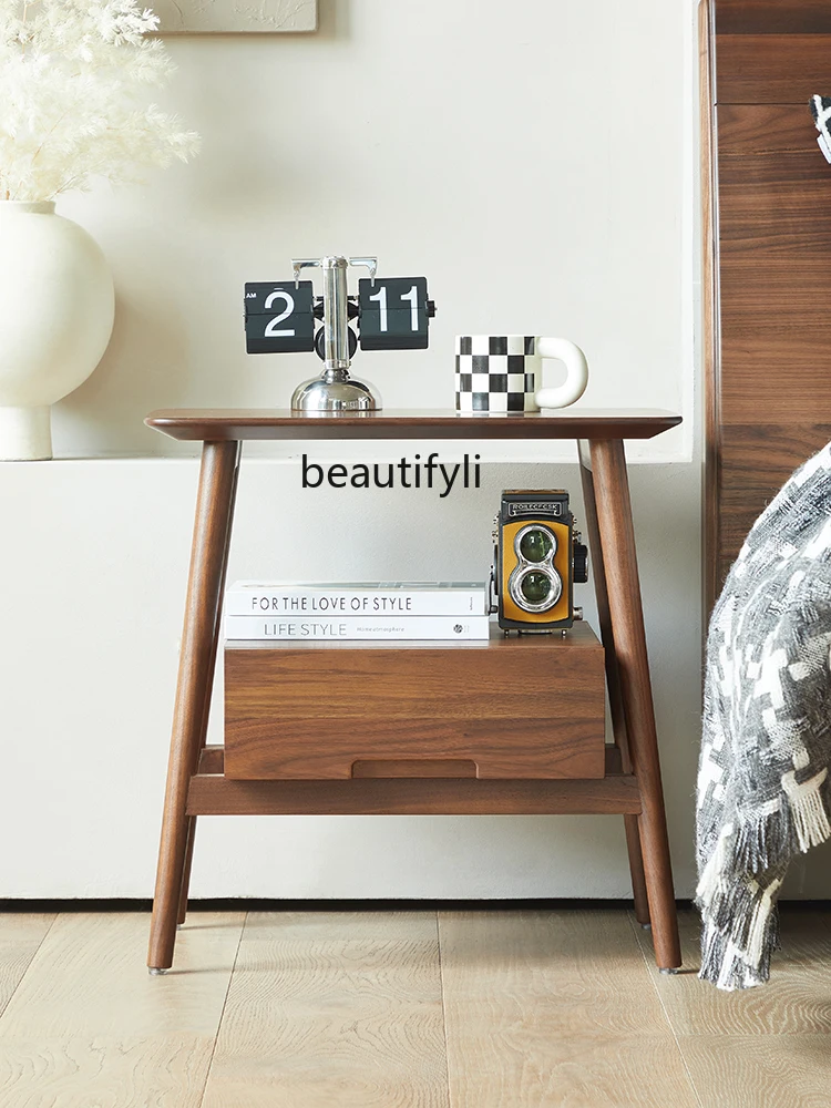 North America Black Walnut Side Table Sofa Corner Table Pure Solid Wood Nordic Bedside Table Simple Bedroom Single Drawer Locker