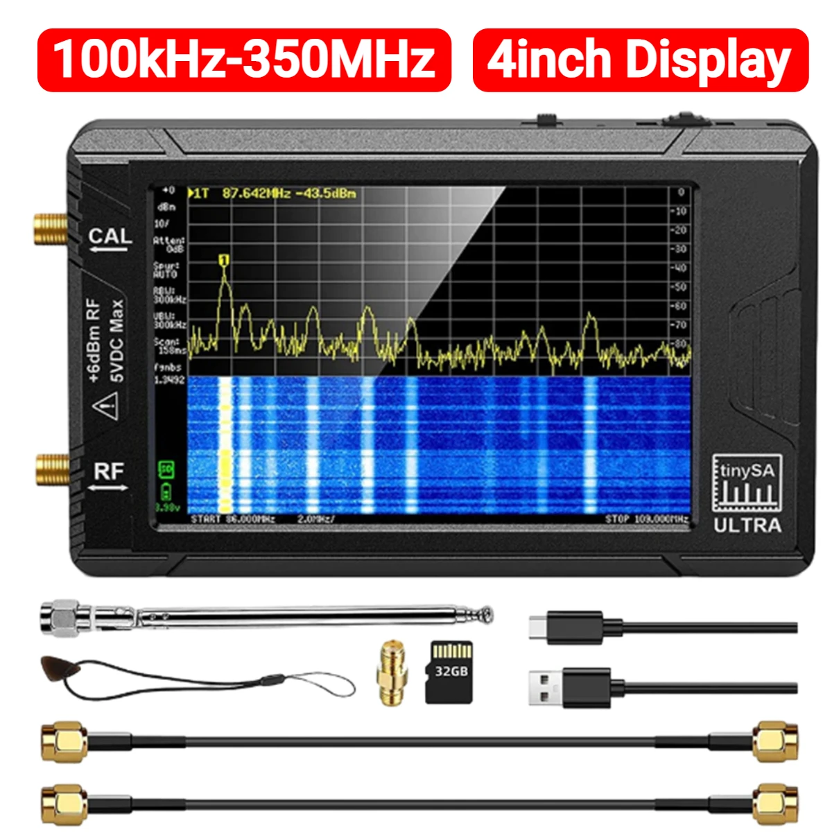 

Tinysa Ultra 2-in-1 Handheld Spectrum Analyzer 100kHz-350MHz 2.8/4inch Display Frequency Analyzer with 32GB Card Version V0.3.1