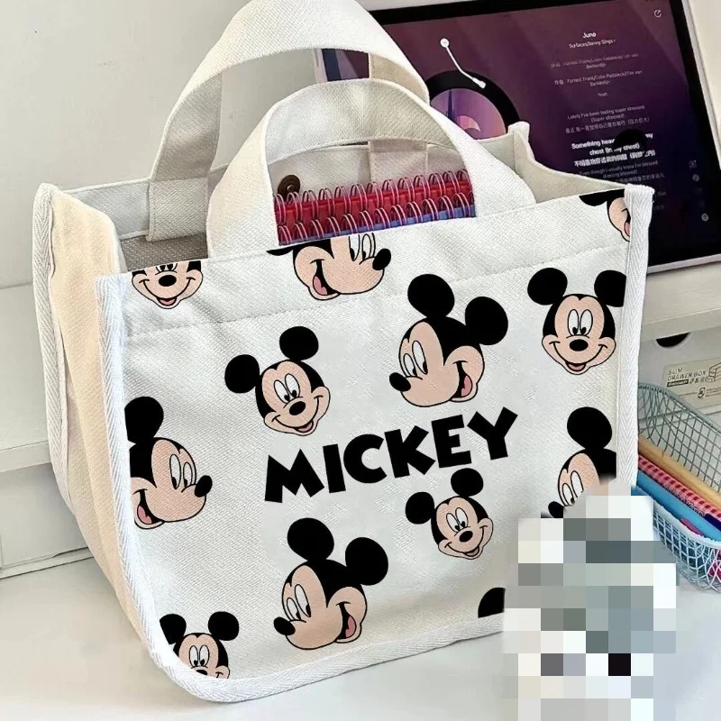Disney-Bolsa quadrada pequena para estudantes, bolsa portátil para almoço e almoço, desenho animado criativo, bonito coração feminino impresso, mickey, funcionário de escritório