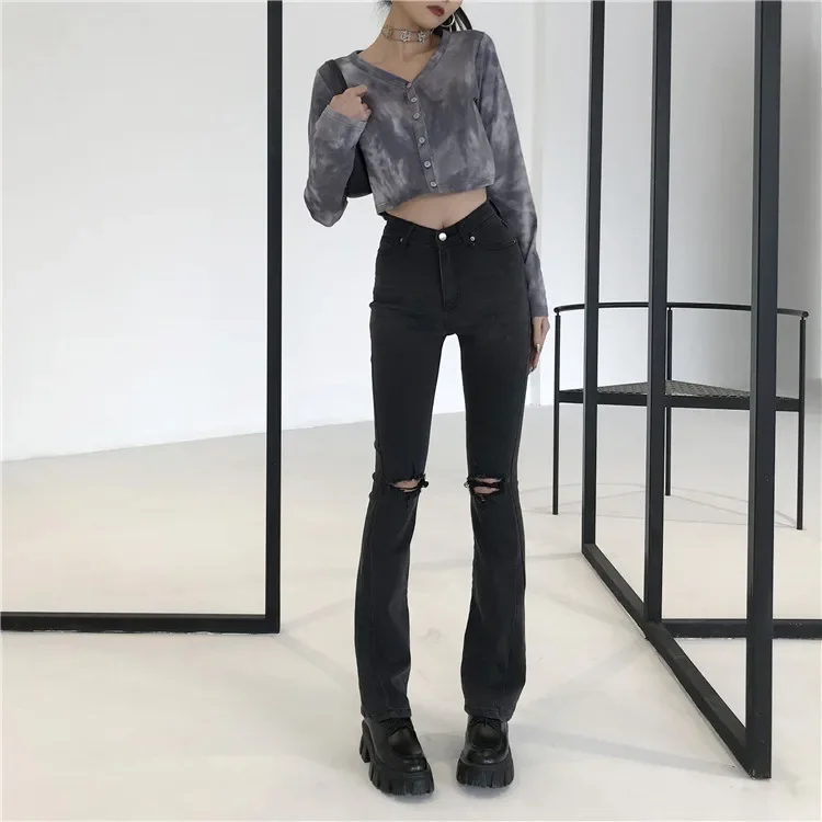 Ruibbit Black Long Jeans Women Basic Classic High Waist Hot Girls Flared Jeans Hole Denim Pants Elastic Stretch Jeans