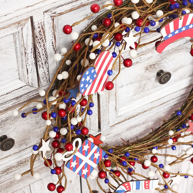 American Independence Day Wreath 4th of July Pastic Drop Ornament Decoration Red White Blue Stars Decorations Christmas Decor