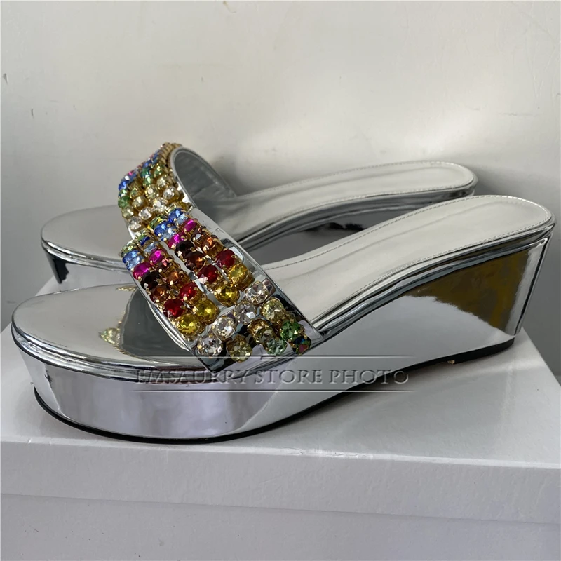 Colorful Rhinestone Band Women Sandals Luxury Patent Leather High Platform Wedges Slingbacks Summer Mules