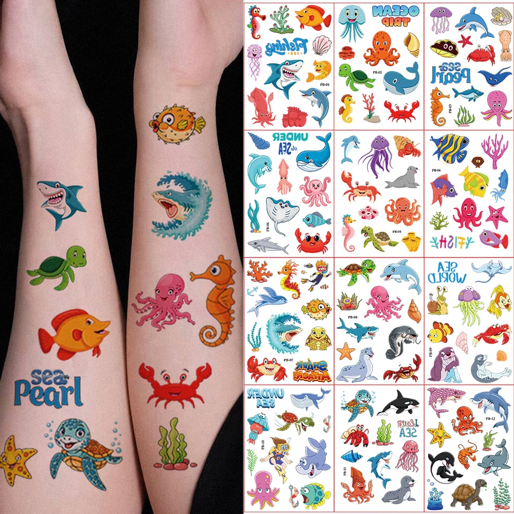 12 Sheets Ocean Theme Temporary Tattoos Starfish Whale Dolphin Crab Octopus Tattoo Stickers Cartoon Fake Tattoo for Women Men