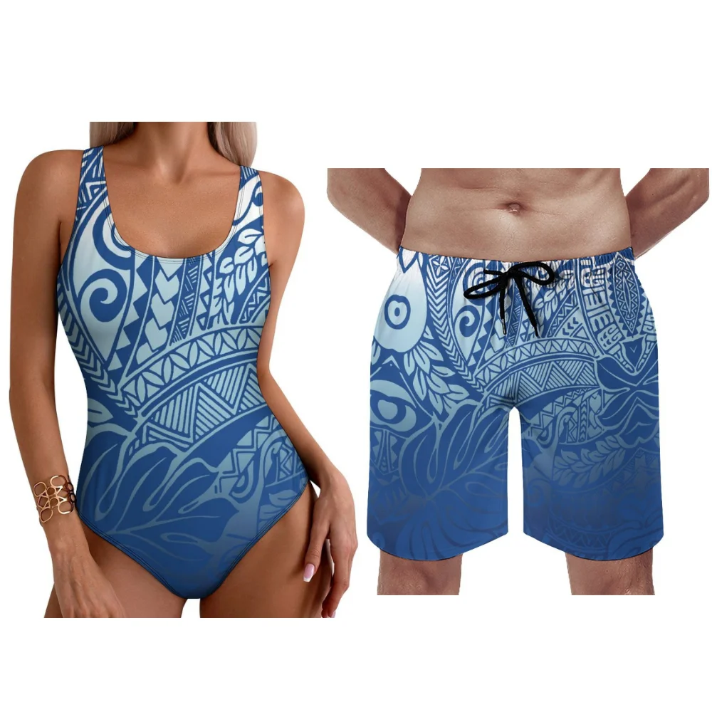 Aanpasbare Polynesische dames tankini heren zwemshorts hibiscus palmprint Hawaii 2025, nieuwjaars strandkledingset
