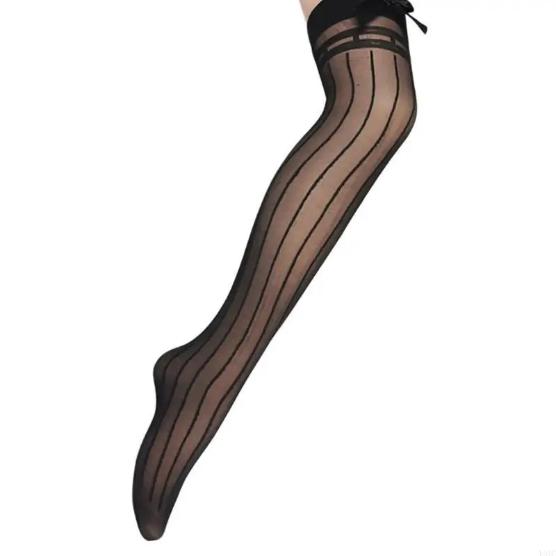 

L5YC Women Elegant Striped Line Print Thigh High Stockings with Bows Accent See Through Silk Over Knee Long Socks Hosiery