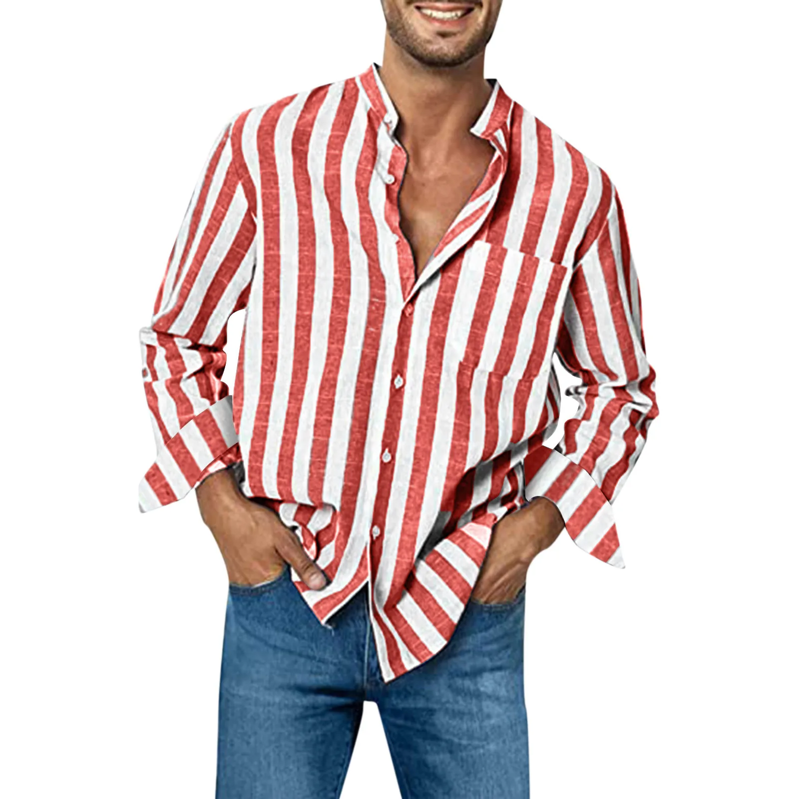 Plus Size Men Shirt Long Sleeve Loose High Elasticity Casual Dress-Up Stripe Printed Striped Shirts Linen Casual Buckle Top Male