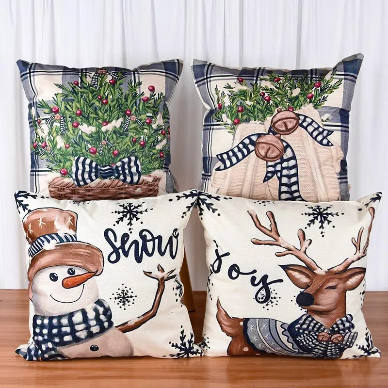 Merry Christmas Pillow Cover Linen Throw Pillowcase Christmas Decorations for Home Sofa Winter Reindeer Tree Print Cushion Cover