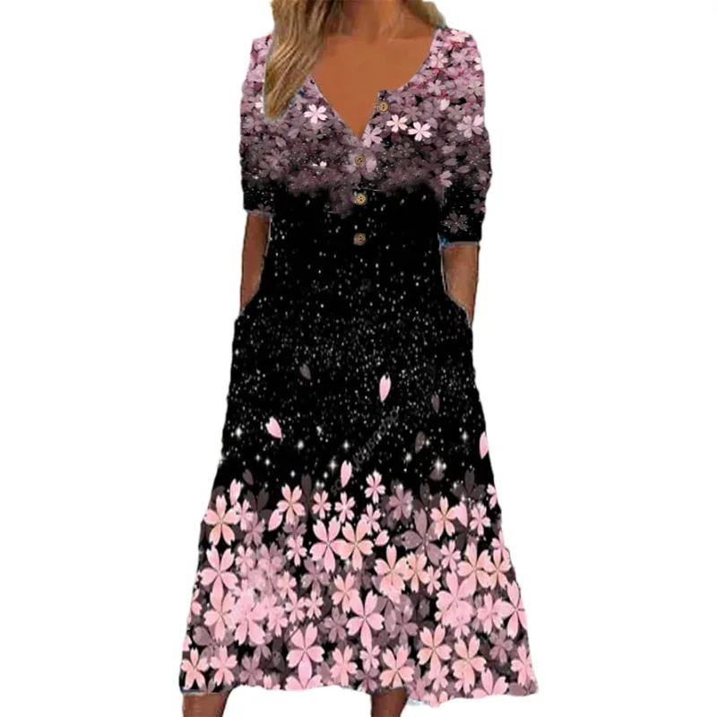 

2023 New Dress for Women Dress Half Sleeve Round Neck A-Line Vacation Beach Elegant Fashion Printing Pockets Midi Dress