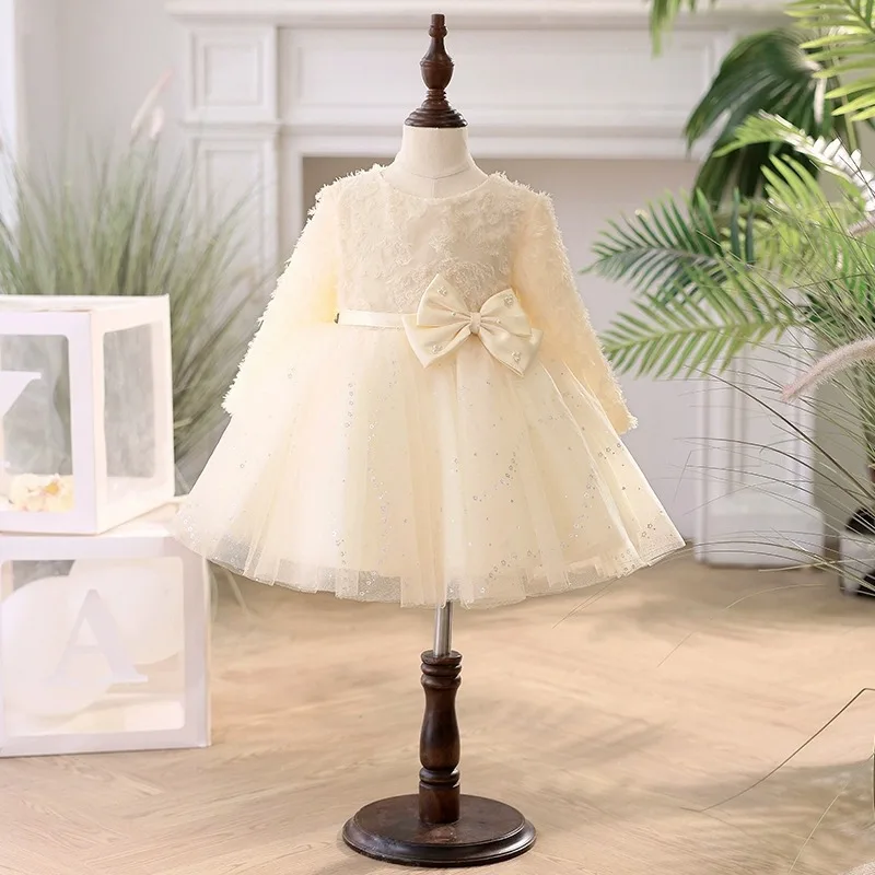 Customized Temperament Bow Sashes Full Sleeve Bow Design Kid Birthday Dresses Ball Gown Mesh Princess Dress O-neck Sequin Flower