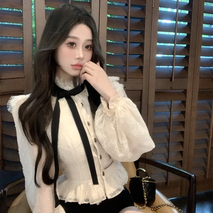 

Design Sensation Lace irt Long Sve Женский модный осенний новый топ для похудения Gentle Sle Lantern Sve Дышащий ...