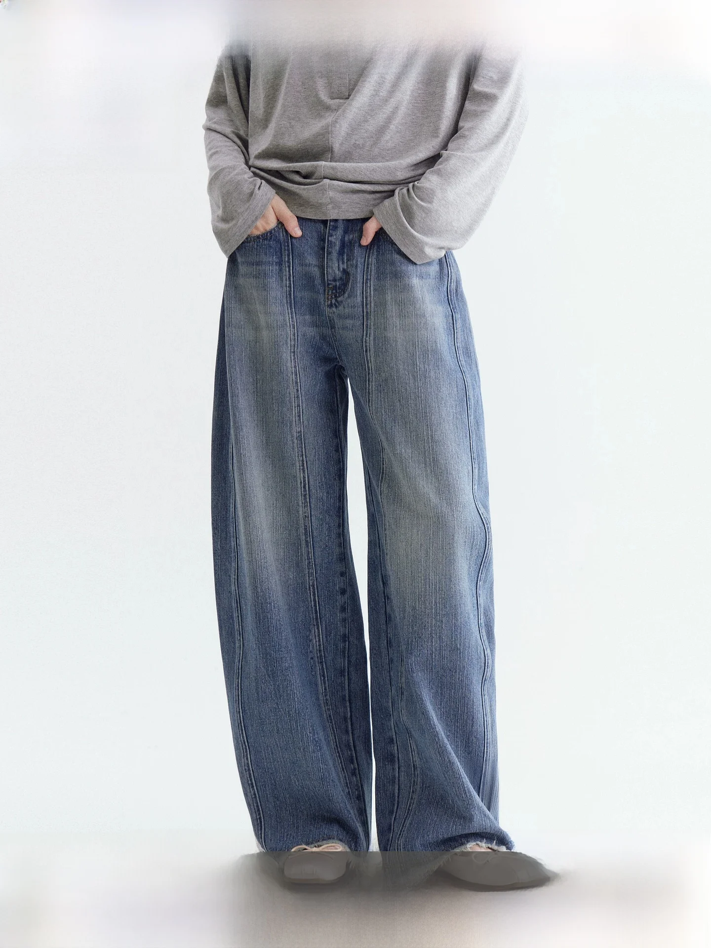 

Fano Spring Lazy Style Blue Washed Split Design Loose Straight Jeans Women's Versatile Cotton Denim Pants Casual Simple Fashion