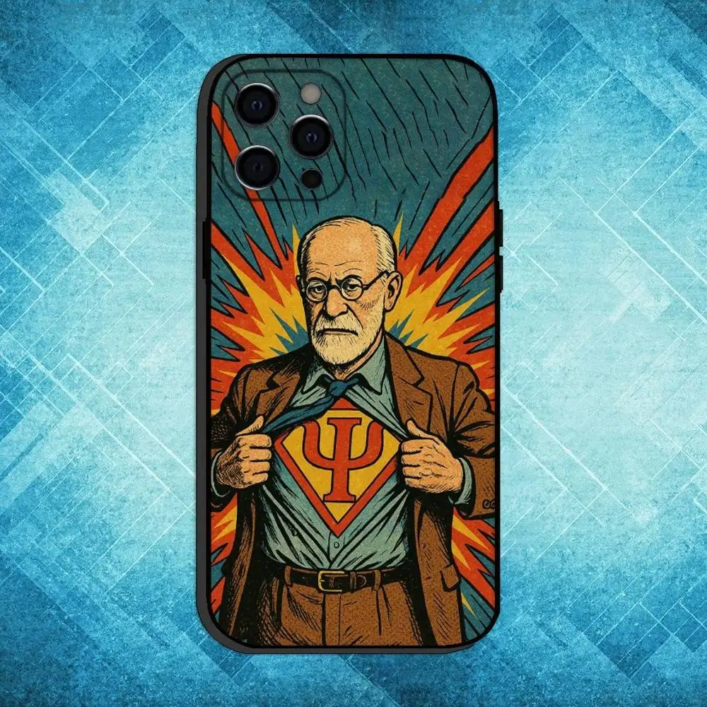 حافظة هاتف Sigmund Freud للتحليل النفسي لهاتف iPhone17,16,15,14,13,12,11 Plus، Pro Max غطاء أسود ناعم