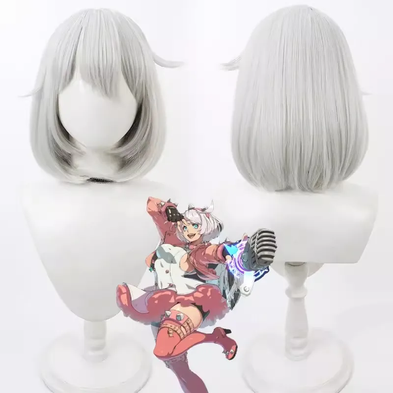 Guilty Gear Elphelt Valentine Cosplay Wig Short Gray BOB Heat Resistant Synthetic Hair Halloween Role Play Party Shoe accessorie