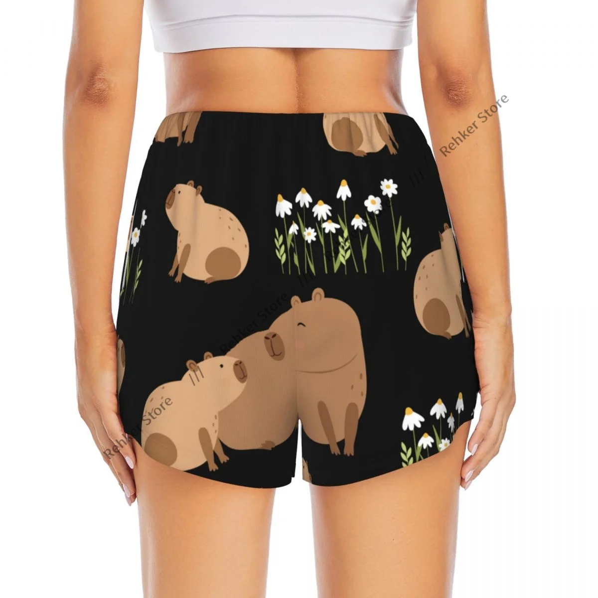 Pantaloncini sportivi da donna ad asciugatura rapida a doppio strato con motivo capibara per il tempo libero all'aperto, corsa, fitness, allenamento, sport