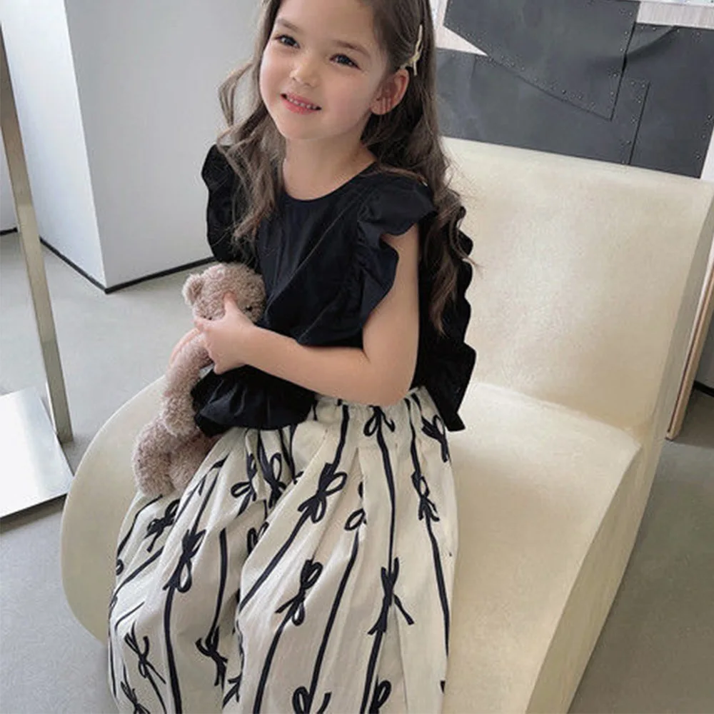 

Girls Clothing Set Summer Black T-shirt and Elegant Bow Print White Pants Boutique Party Wedding Festival Kids Two-piece Suits