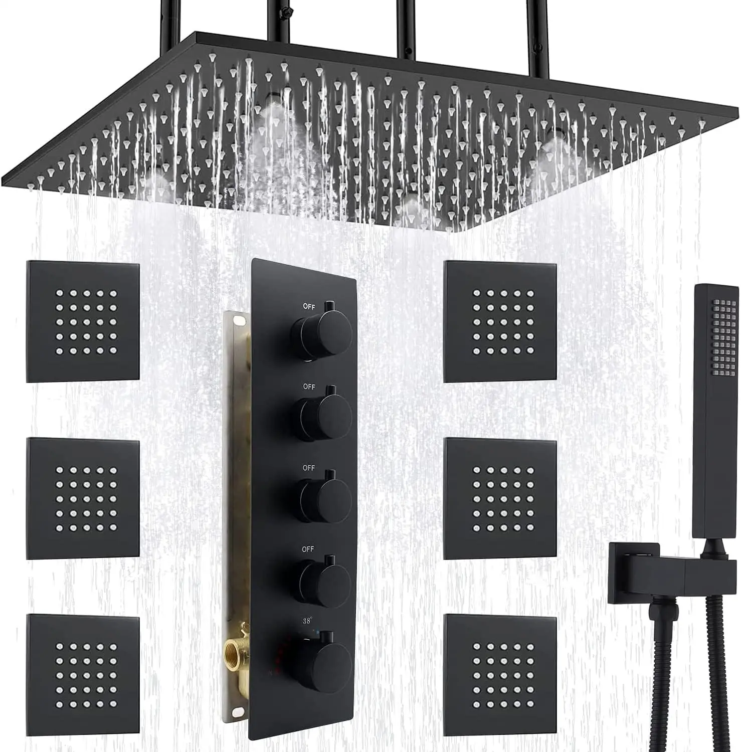 

Black Luxury Spa Shower head System - 20Inch Rainfall Mist Shower System with Body Sprays,Brass Thermostatic Shower Faucets Set