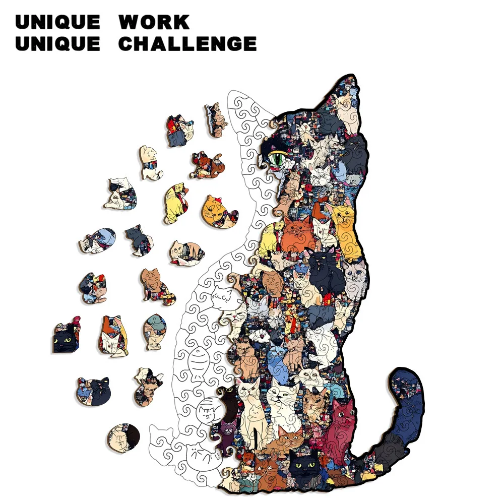 Original Cat Shaped Wooden Jigsaw Puzzle, High Difficulty Irregular Pieces Piggy Bank Design, Stress Relief DIY Game for Adults