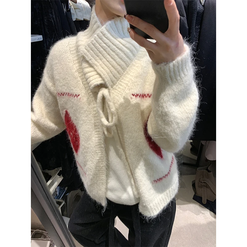 Red Argyle Knitted Cardigan Women Fashion Lace Up White Sweater Outerwears Korean Print Knitwears Winter Long Sleeve Jumpers New view 6