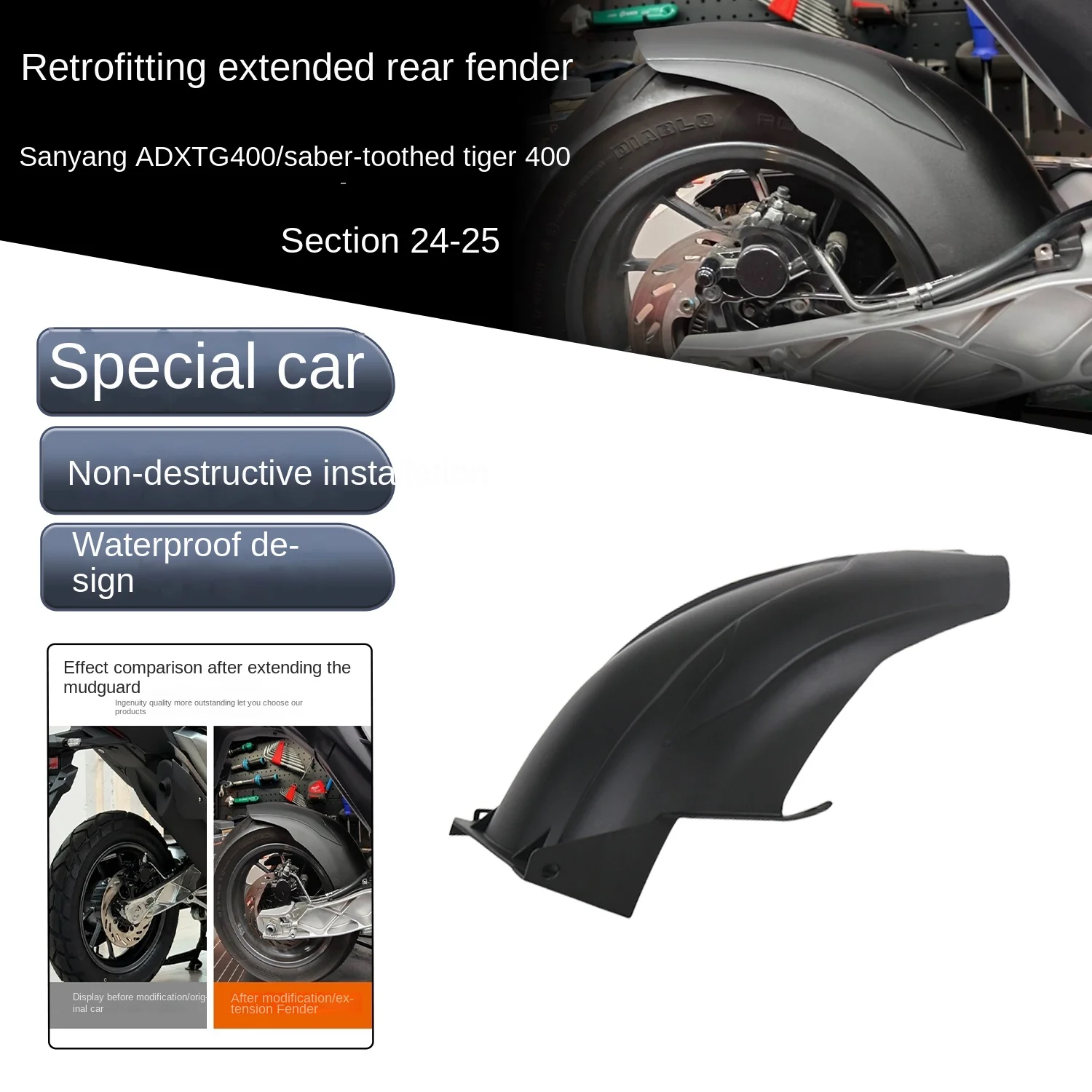 

For 24-25 SYM Jet X 400ADVAdxtg400 modified rear fender and extended fender
