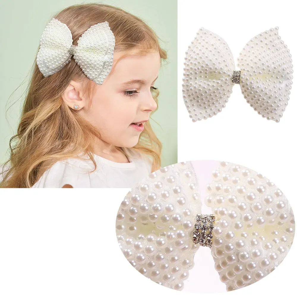 1pcs White Pearl Hair Bows With Hair Clips For Girls Kids Boutique Layers Bling Rhinestone Center Bows Hairpins Hair Accessories