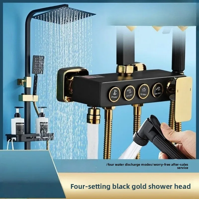 Black Gold Stainless Steel Shower System Complete Set, Brass Thermostatic Button Shower Faucet For Household Bathroom