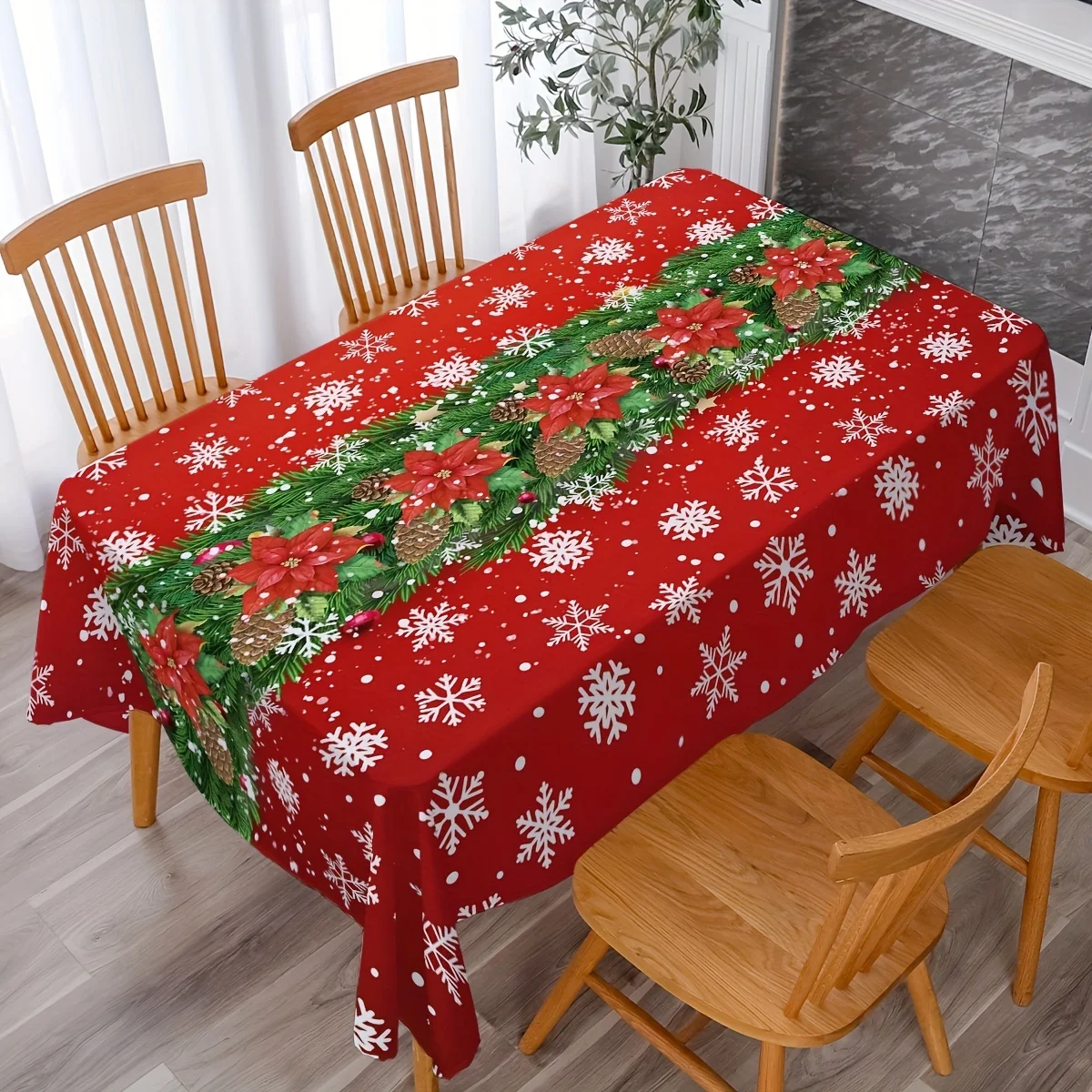 Christmas Poinsettia Pine Needles Snowflake Rectangle Tablecloth Wedding Decor Waterproof Dining Tablecloth Christmas Decoration