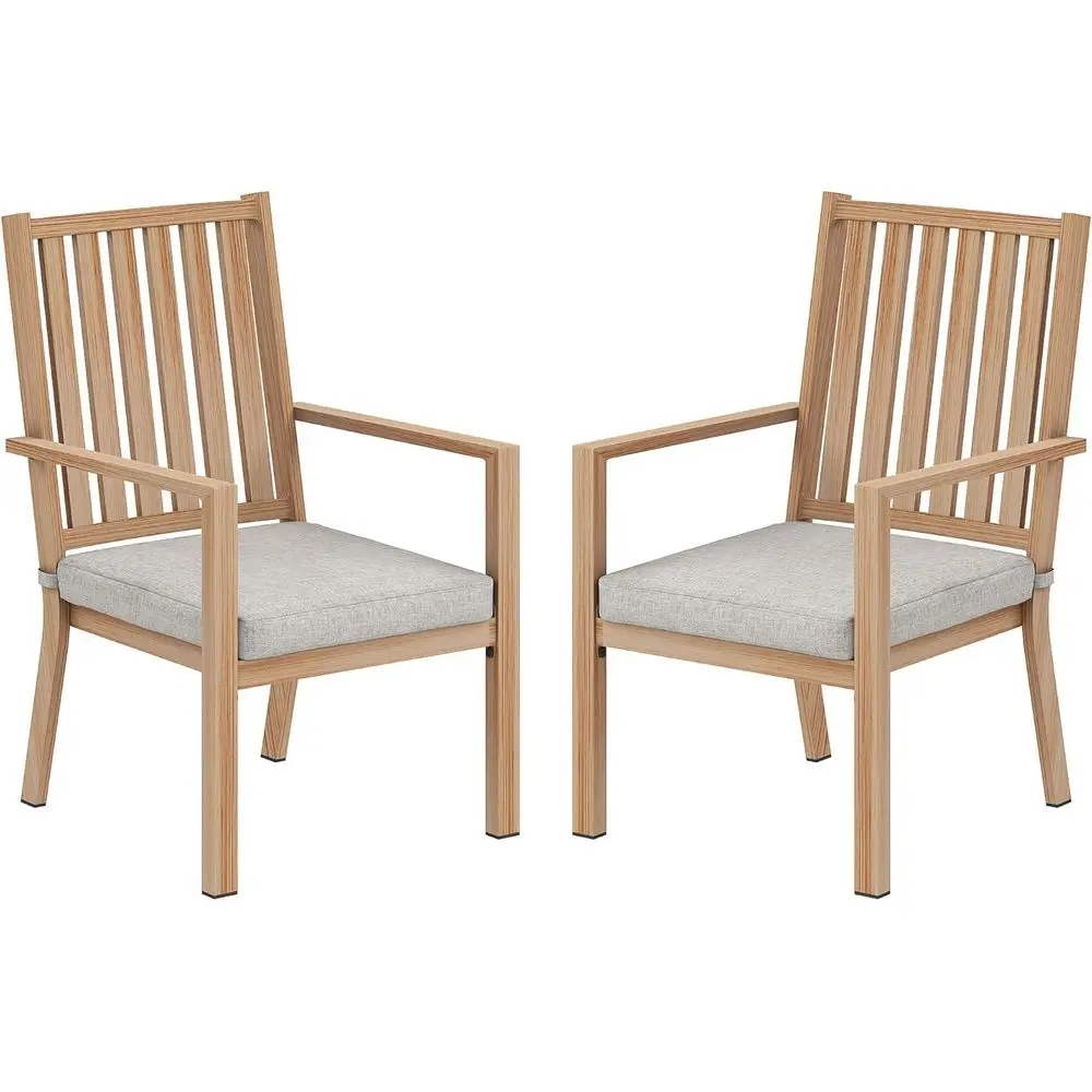 2-Piece Outdoor Patio Chair Set with Waterproof Cushions, Metal Furniture for Porch, Balcony, Deck, Backyard, Light Wood Tone