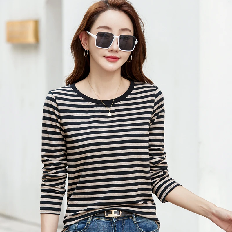 Korean Autumn Women’s Long Sleeve T-shirt Cotton New Fashion Knit Basic Stretch Stripped Tee Shirts For Women 2023